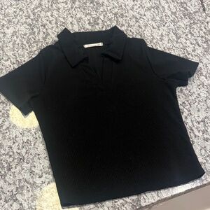 Caution To The Wind Black Ribbed Polo-Style Short Sleeve Top